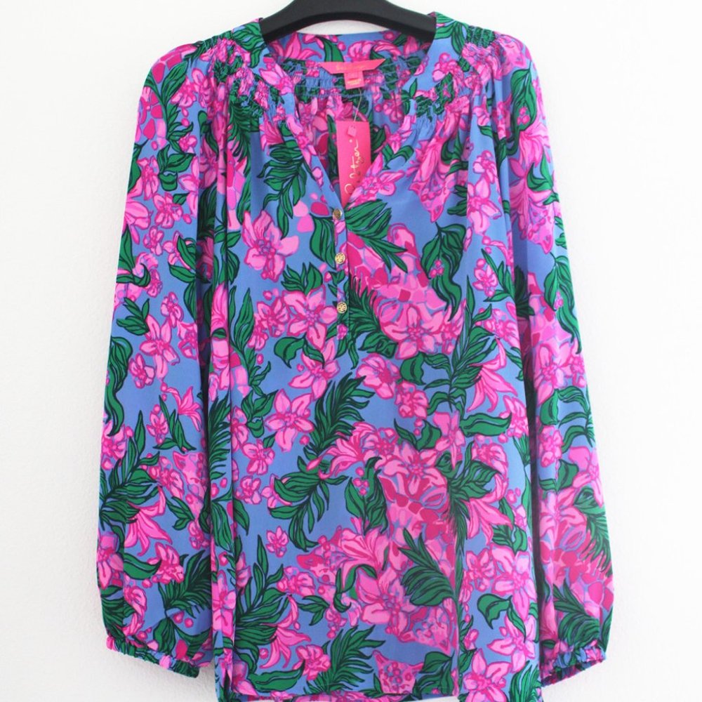 Lilly Pulitzer Elsa Silk Top, Cerise Pink Safari Sunset, Size L - Picture 5 of 8